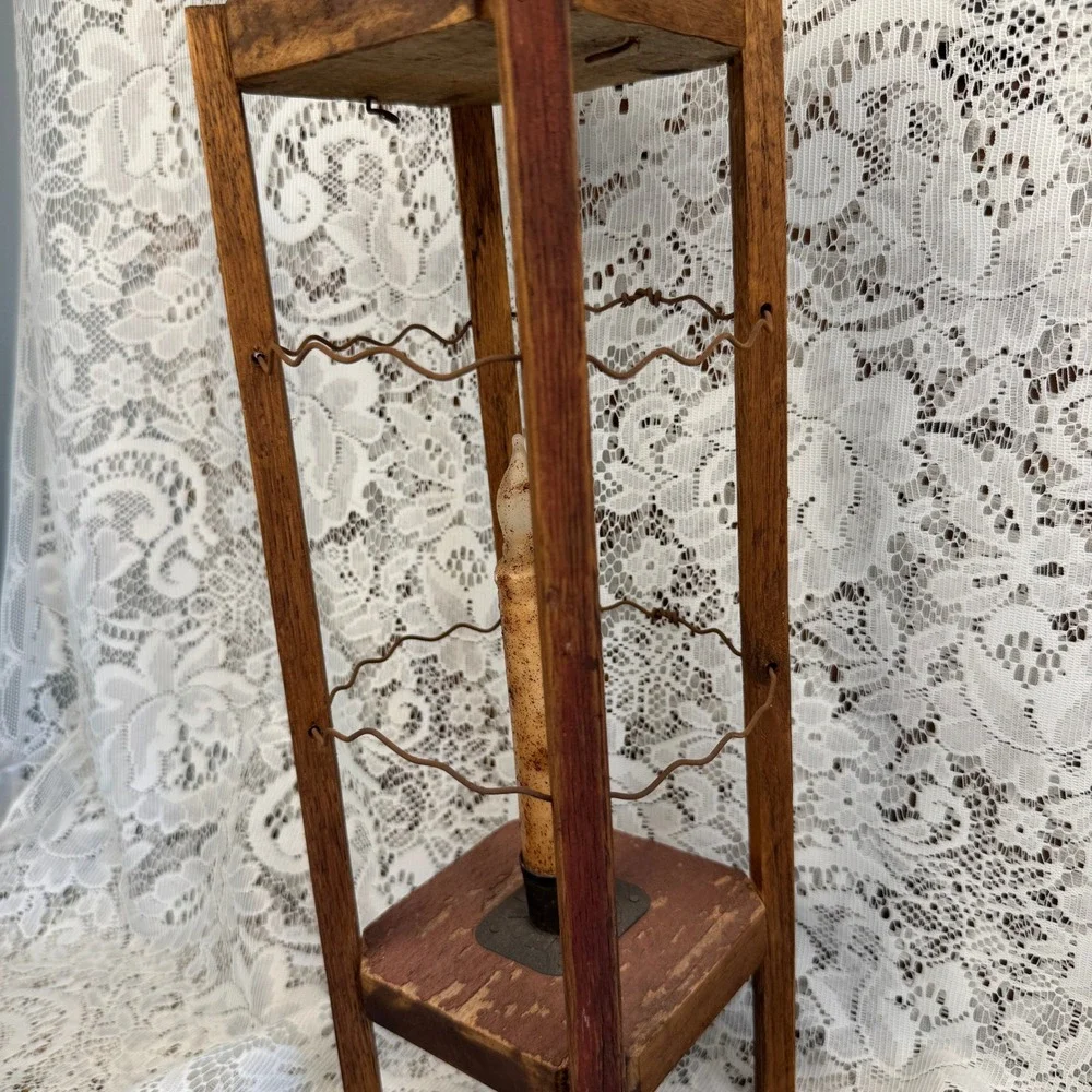 Primitive Wood and Wire Lantern with Faux Taper Candle Rustic Folk Art Farmhouse